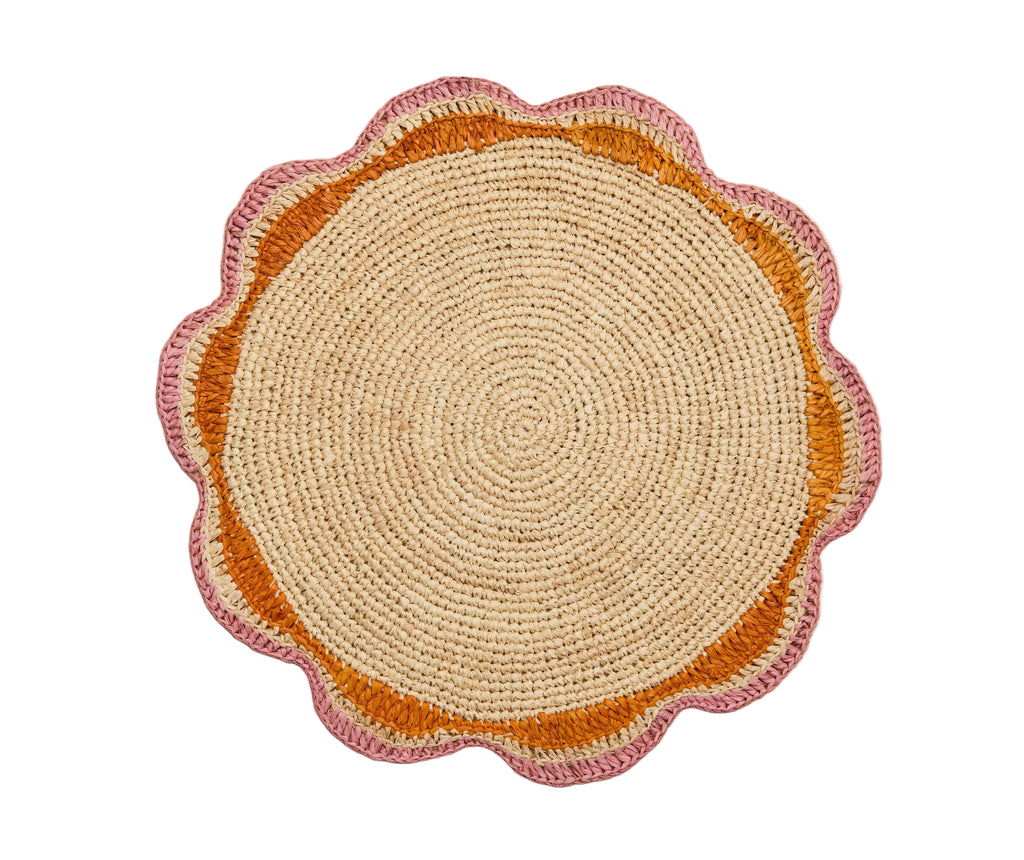 Round Pink Raffia Placemat – 14” Handwoven Crochet – Garden Party & Summer Table Decor