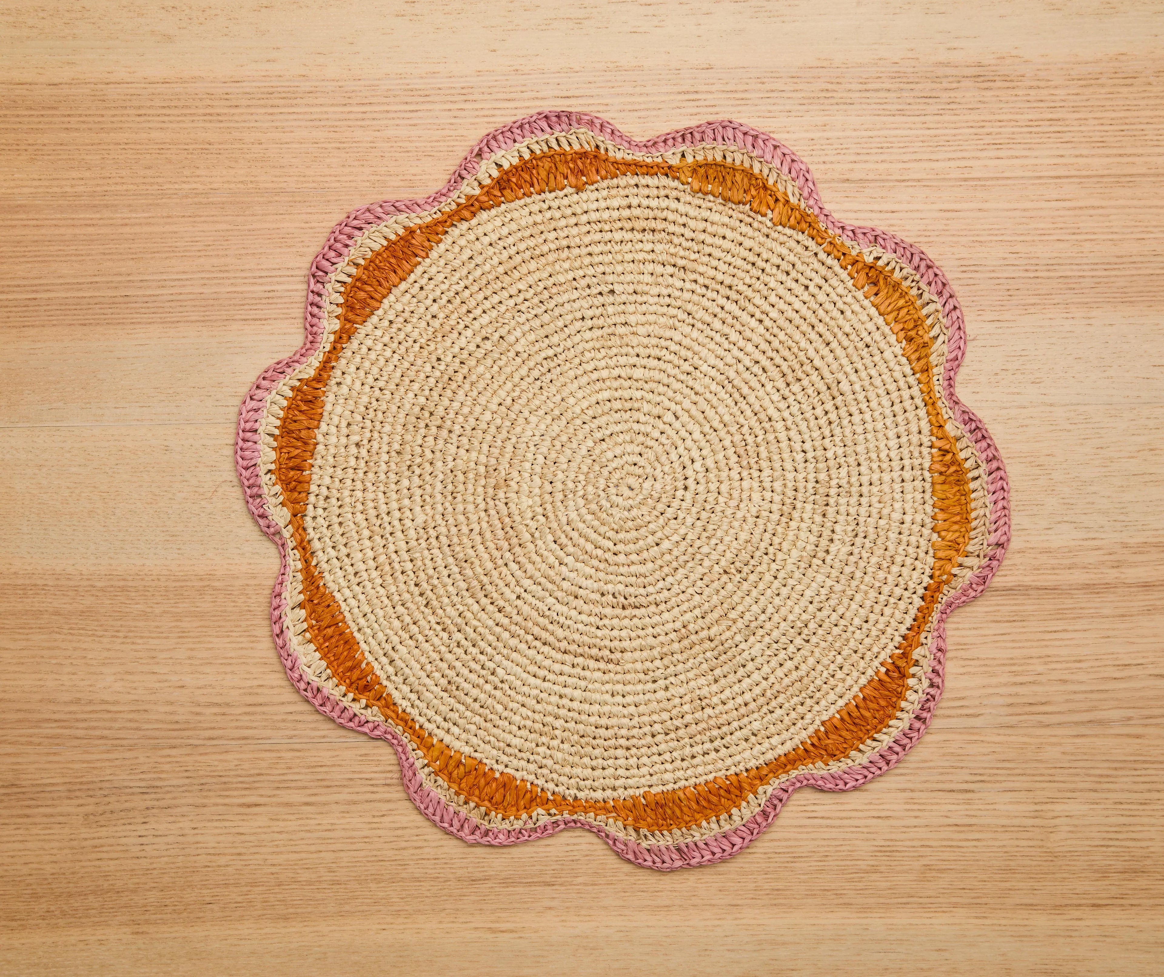 Round Pink Raffia Placemat – 14” Handwoven Crochet – Garden Party & Summer Table Decor Payton James