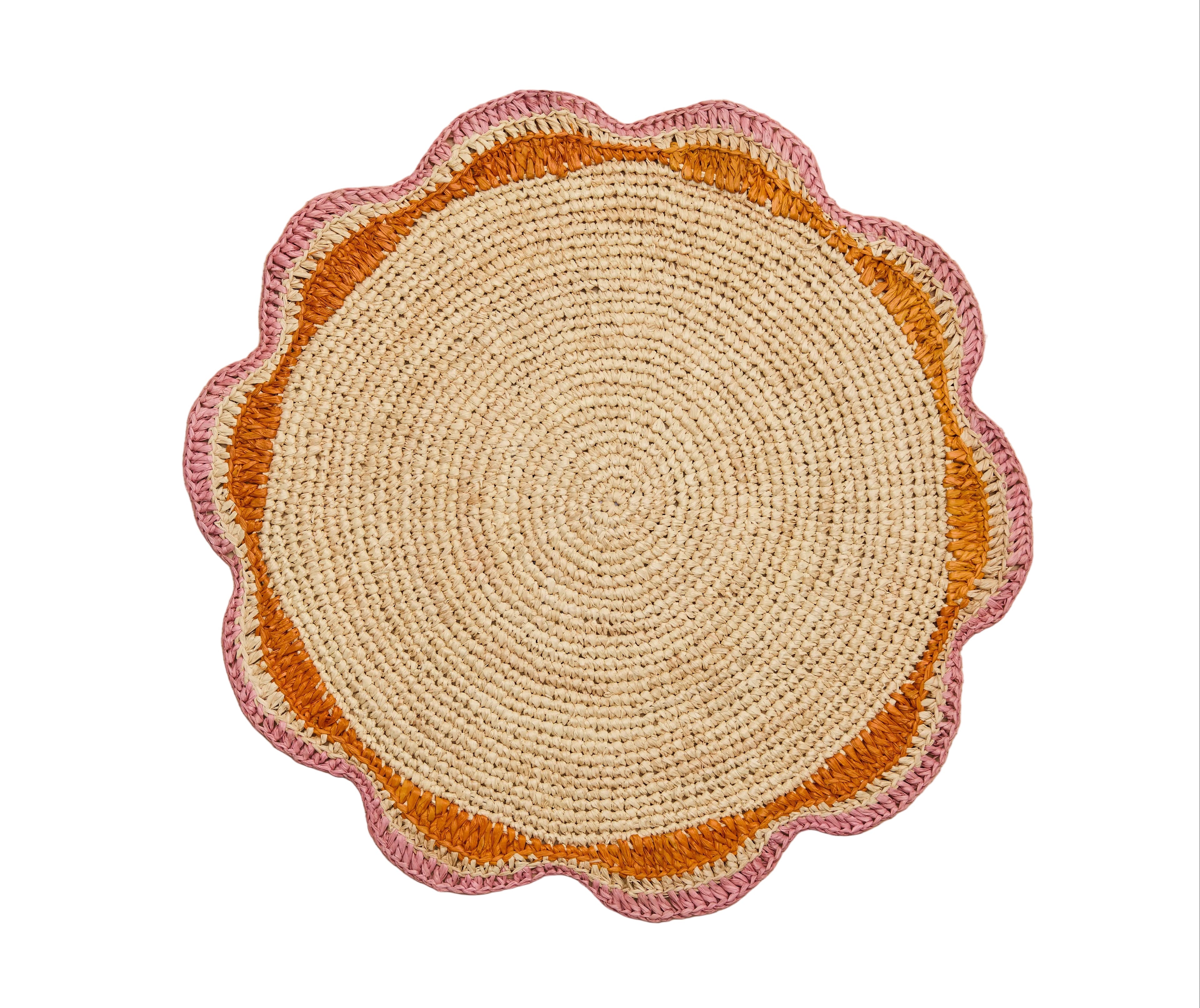 Round Pink Raffia Placemat – 14” Handwoven Crochet – Garden Party & Summer Table Decor