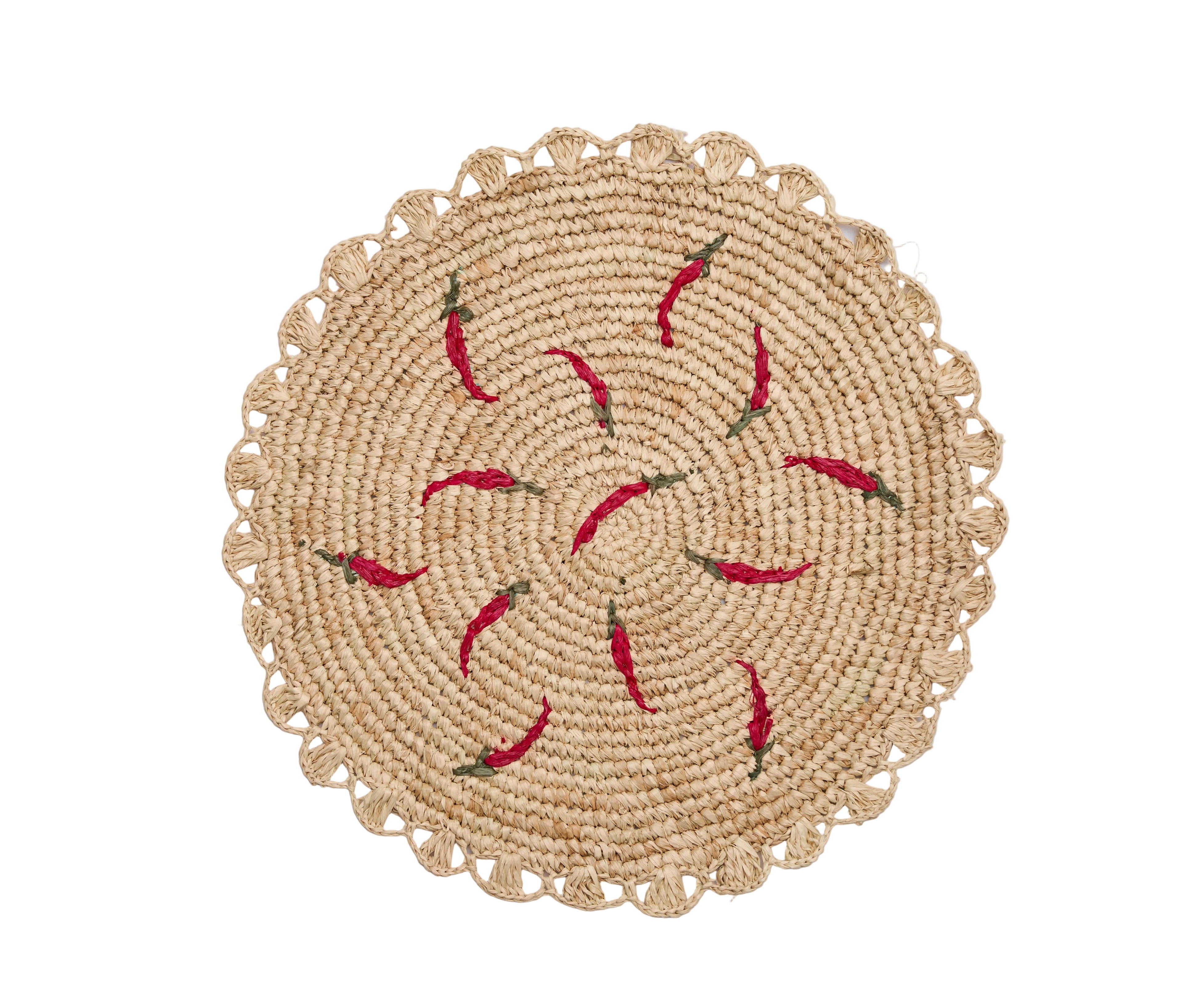 Scattered Chili Handwoven Raffia Round Placemat – Artisan Table Décor
