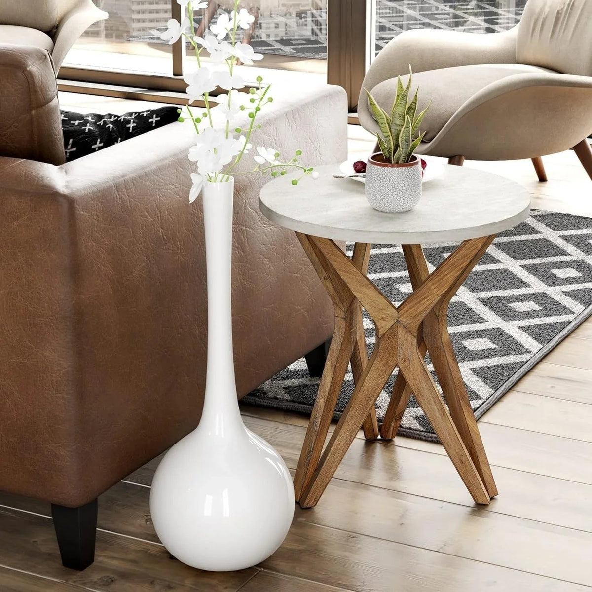 Pedestal Farmhouse End Table Set of 2, White Round End Table, Distressed White Top with Tripod Base for Modern Farmhouse, Boho Decor, Round House Of Avana [[SKU:HOA-END-017]]