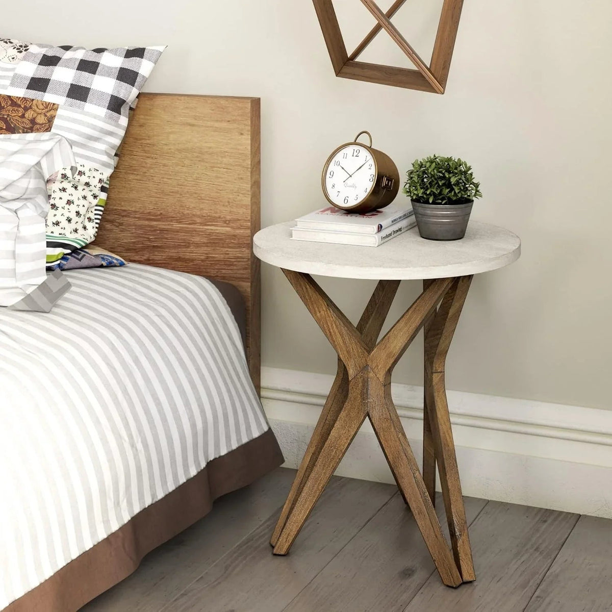 Pedestal Farmhouse End Table Set of 2, White Round End Table, Distressed White Top with Tripod Base for Modern Farmhouse, Boho Decor, Round House Of Avana [[SKU:HOA-END-017]]