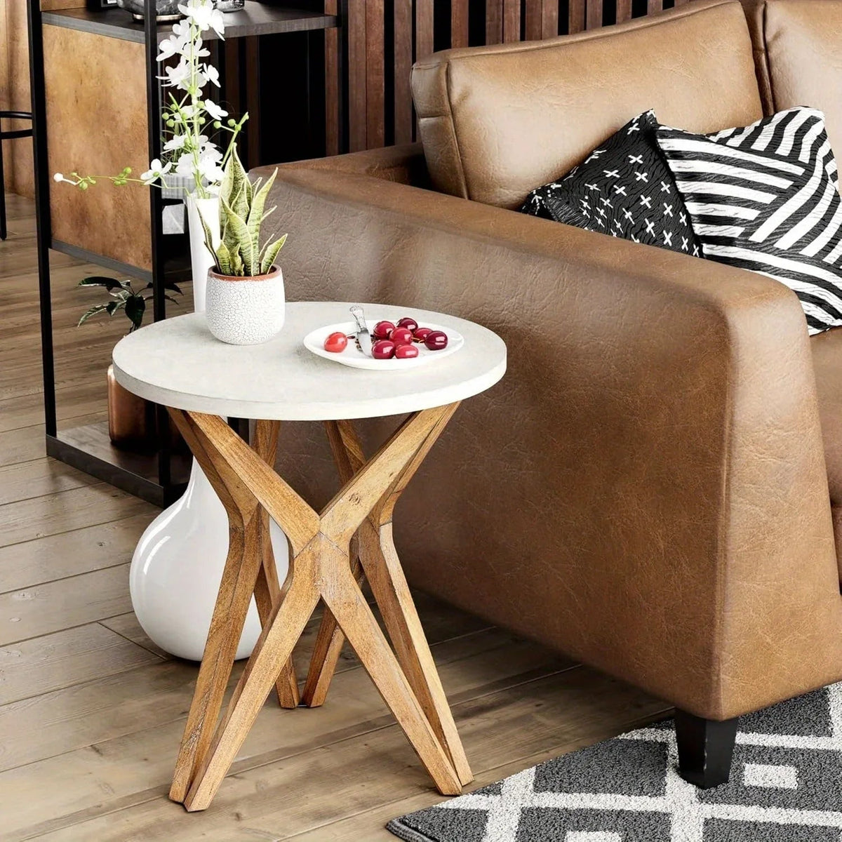 Pedestal Farmhouse End Table Set of 2, White Round End Table, Distressed White Top with Tripod Base for Modern Farmhouse, Boho Decor, Round House Of Avana [[SKU:HOA-END-017]]