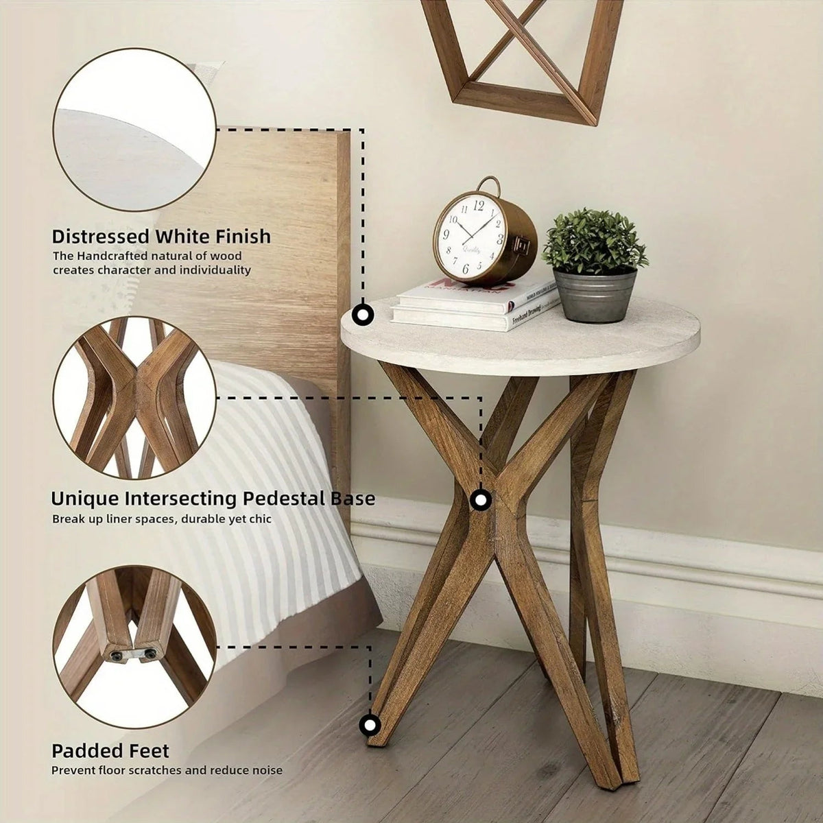 Pedestal Farmhouse End Table Set of 2, White Round End Table, Distressed White Top with Tripod Base for Modern Farmhouse, Boho Decor, Round House Of Avana [[SKU:HOA-END-017]]