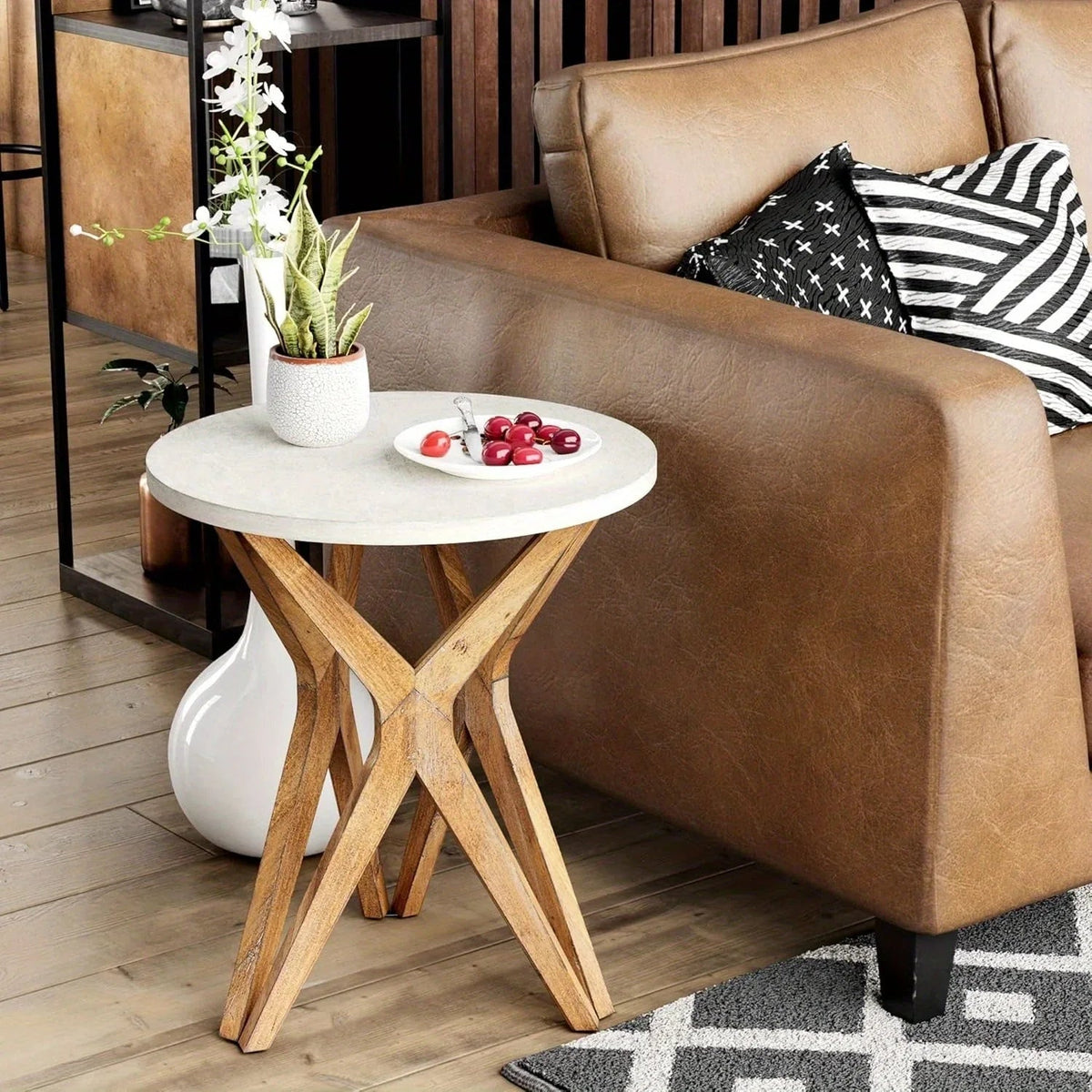 Pedestal Farmhouse End Table Set of 2, White Round End Table, Distressed White Top with Tripod Base for Modern Farmhouse, Boho Decor, Round House Of Avana [[SKU:HOA-END-017]]