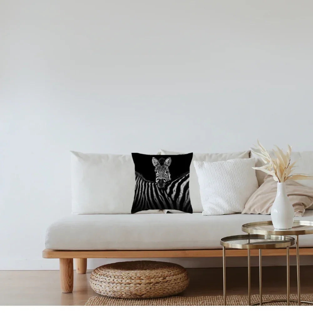 White cotton cushion cover with black zebra print, 18x18 inches - House of Avana