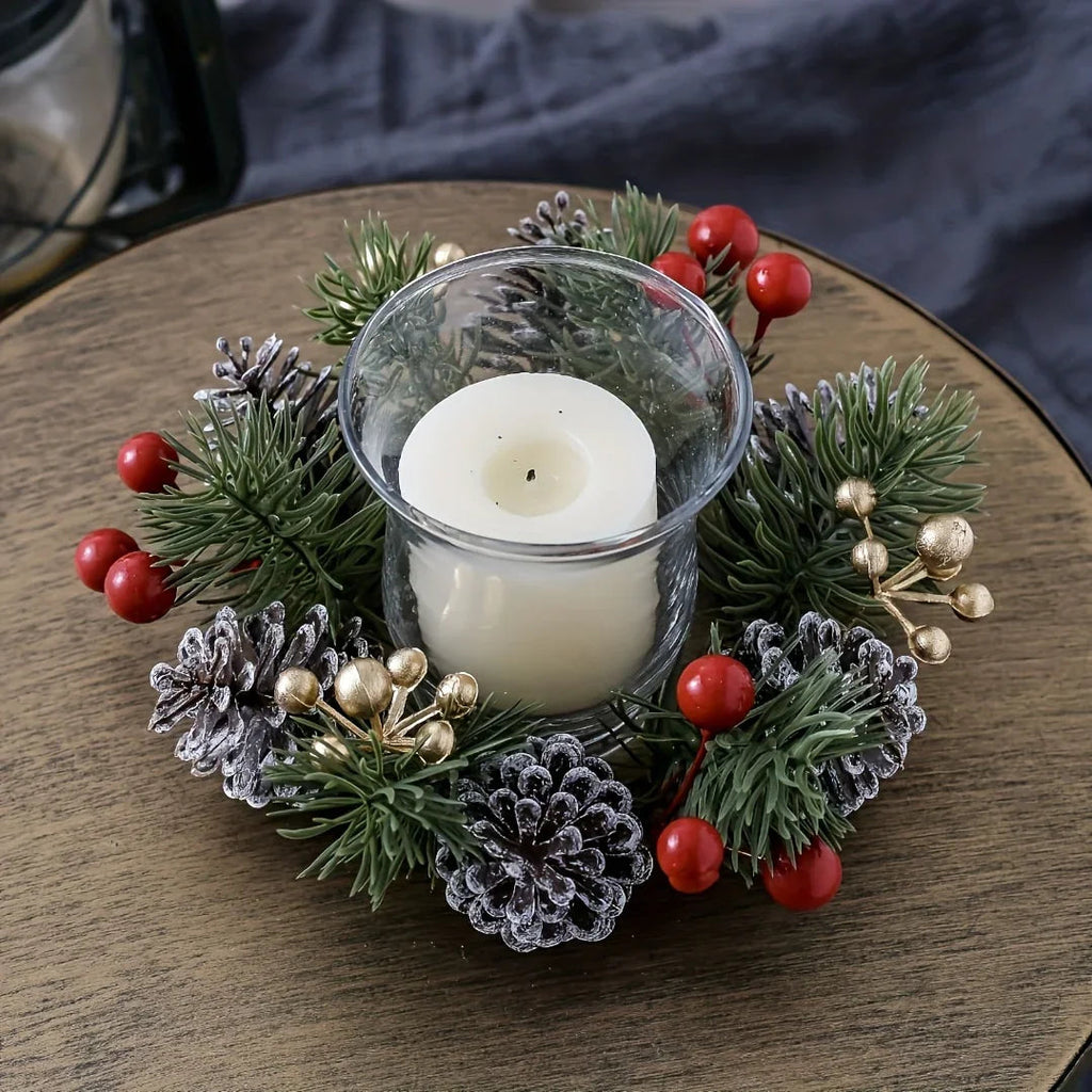 2pcs Festive Christmas Pine Cone Wreaths with Candle Holders - 20.07 cm Diameter, Durable Plastic Holiday Tabletop Decor for Home & Office, No Electricity Needed, Perfect for Christmas & Winter Celebrations, Christmas Decorat House Of Avana [[SKU:HOA-FLR-007]]