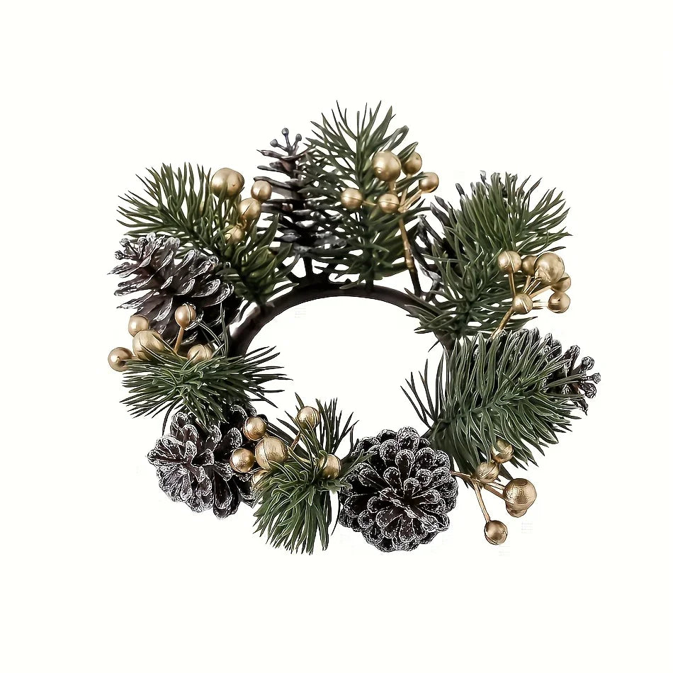 2pcs Festive Christmas Pine Cone Wreaths with Candle Holders - 20.07 cm Diameter, Durable Plastic Holiday Tabletop Decor for Home & Office, No Electricity Needed, Perfect for Christmas & Winter Celebrations, Christmas Decorat House Of Avana [[SKU:HOA-FLR-007]]