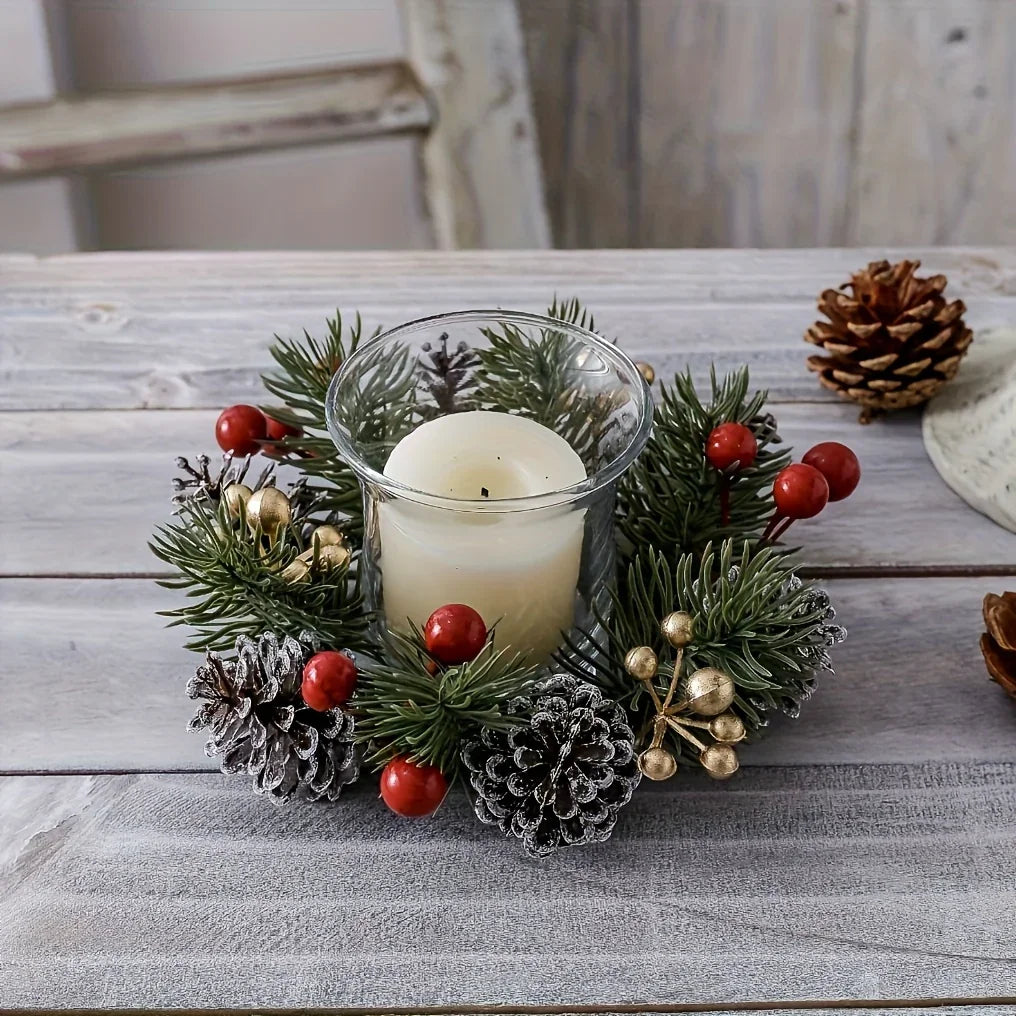 2pcs Festive Christmas Pine Cone Wreaths with Candle Holders - 20.07 cm Diameter, Durable Plastic Holiday Tabletop Decor for Home & Office, No Electricity Needed, Perfect for Christmas & Winter Celebrations, Christmas Decorat House Of Avana [[SKU:HOA-FLR-007]]