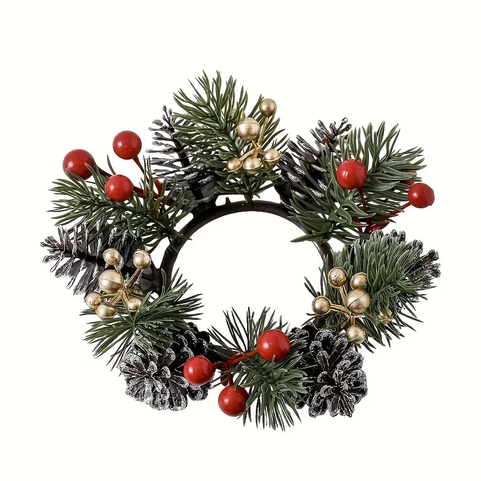 2pcs Festive Christmas Pine Cone Wreaths with Candle Holders - 20.07 cm Diameter, Durable Plastic Holiday Tabletop Decor for Home & Office, No Electricity Needed, Perfect for Christmas & Winter Celebrations, Christmas Decorat House Of Avana [[SKU:HOA-FLR-007]]