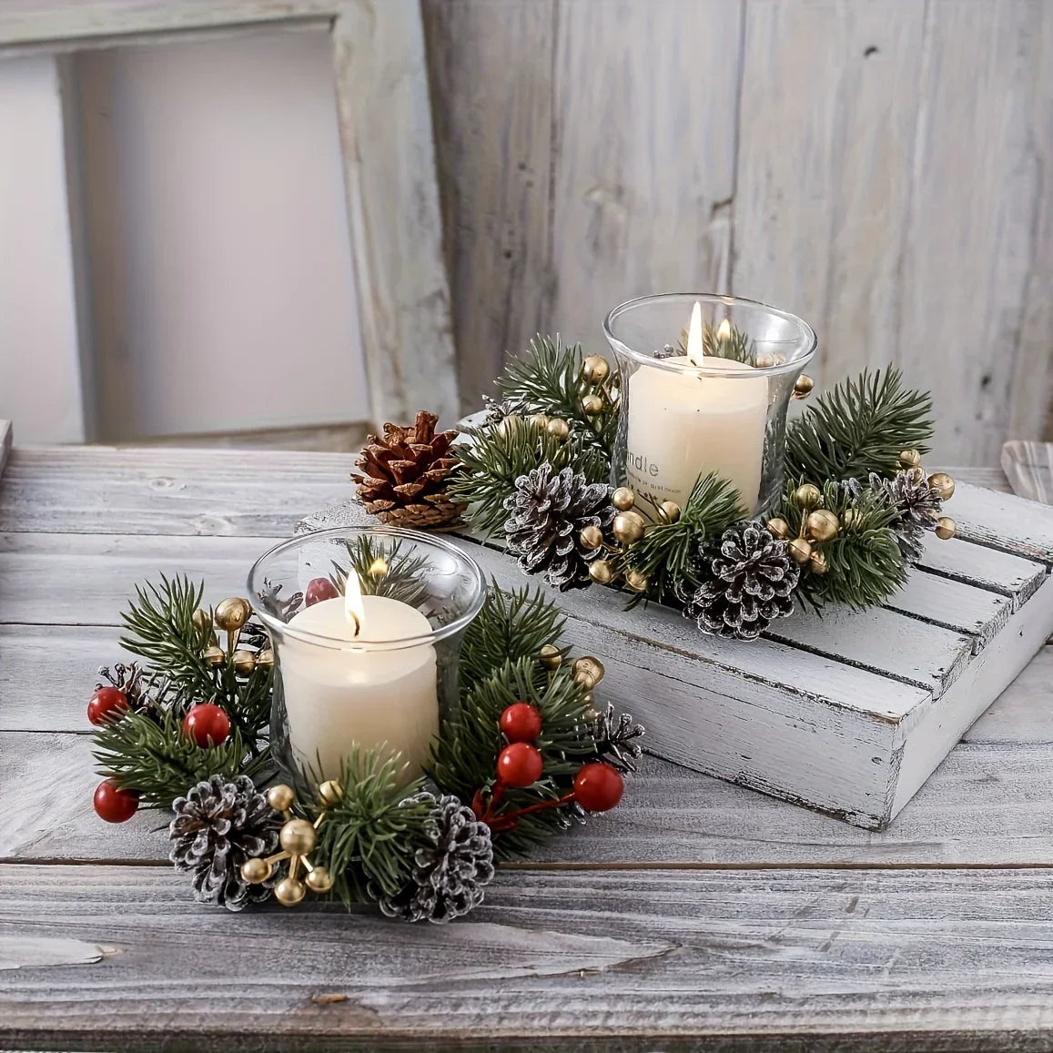 2pcs Festive Christmas Pine Cone Wreaths with Candle Holders - 20.07 cm Diameter, Durable Plastic Holiday Tabletop Decor for Home & Office, No Electricity Needed, Perfect for Christmas & Winter Celebrations, Christmas Decorat House Of Avana [[SKU:HOA-FLR-007]]