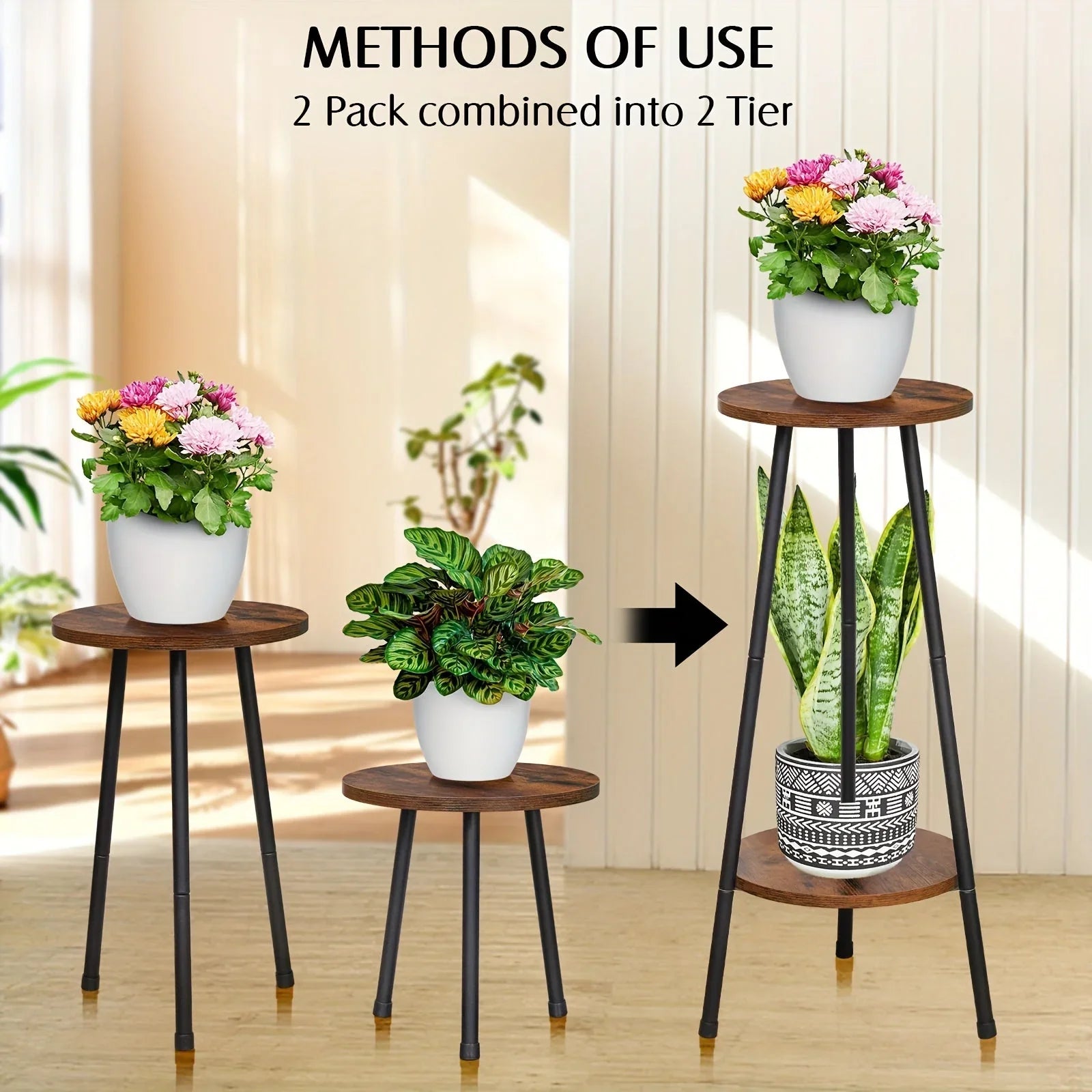 2 Pack Indoor Plant Stand, Mid-century Wooden Style Plant Holder, Indoor Outdoor Flower Stand, Small... - House Of Avana