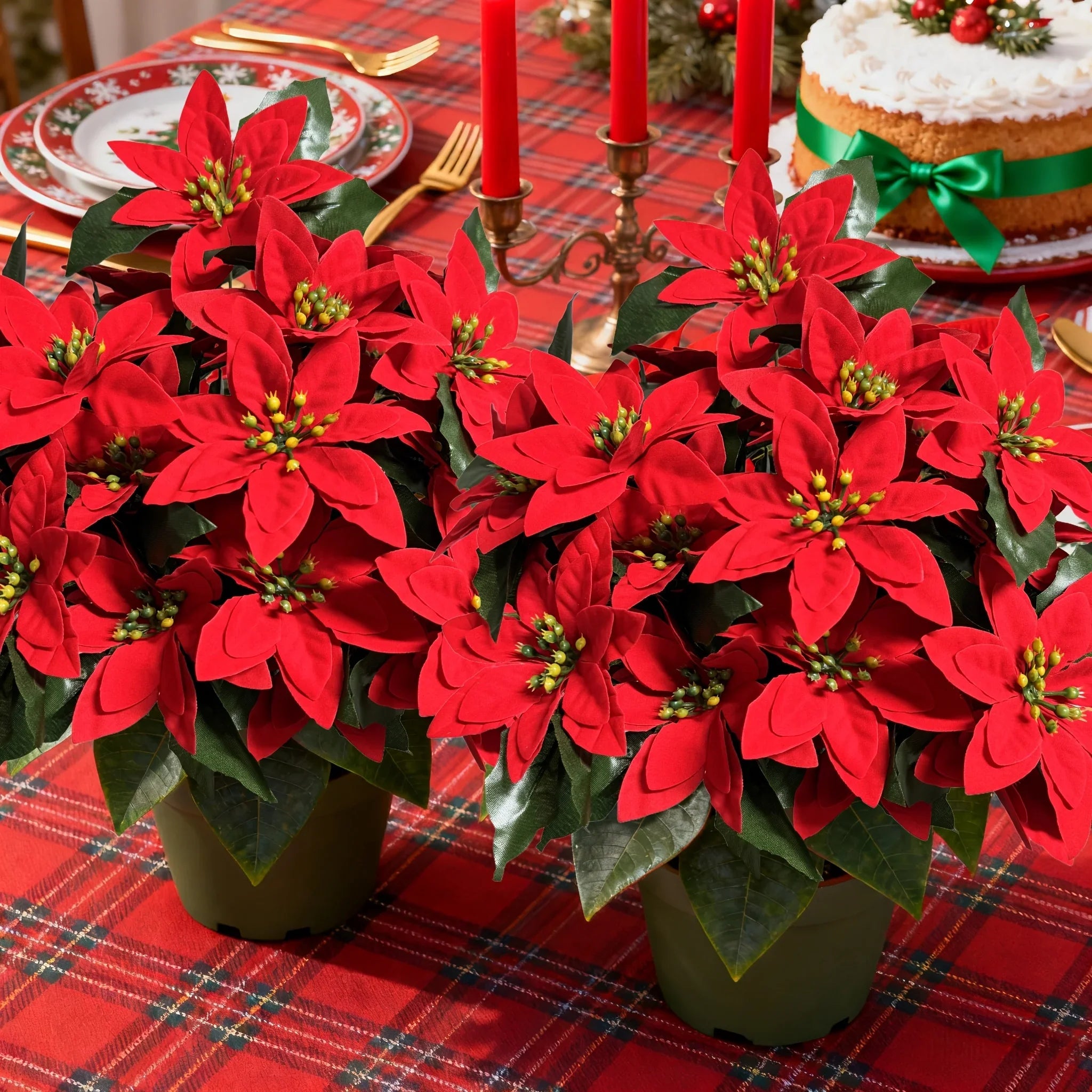 2pcs of 24 Flowers - Holiday Artificial Plants Norfolk Faux Flowers - Lifelike Pine Tree Wreath, Beautiful Poinsettia, Suitable for Outdoor Use - Christmas Wreath, Vase Fillers, Home Decor - Durable Plastic, Easy Assembly House Of Avana