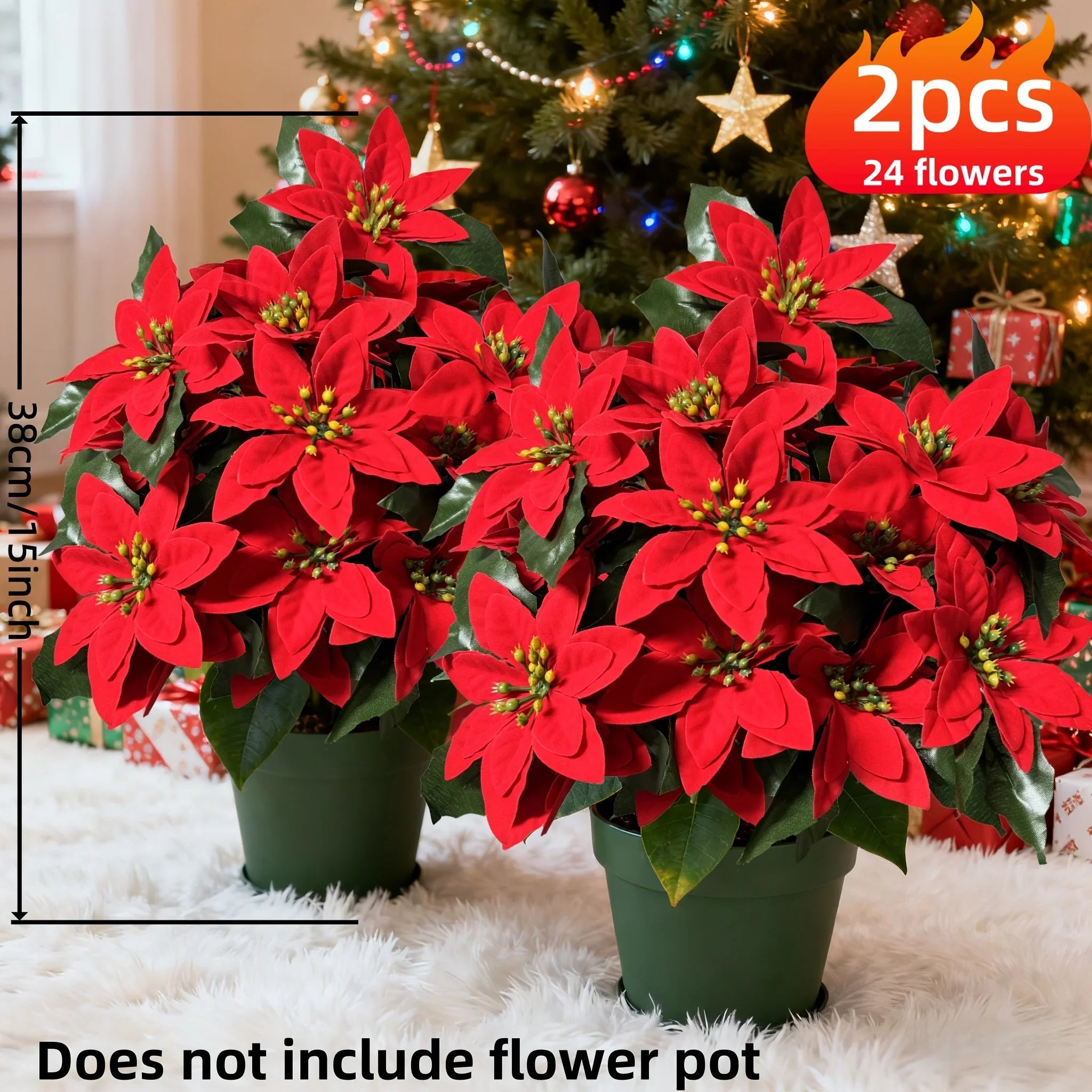 2pcs of 24 Flowers - Holiday Artificial Plants Norfolk Faux Flowers - Lifelike Pine Tree Wreath, Beautiful Poinsettia, Suitable for Outdoor Use - Christmas Wreath, Vase Fillers, Home Decor - Durable Plastic, Easy Assembly House Of Avana