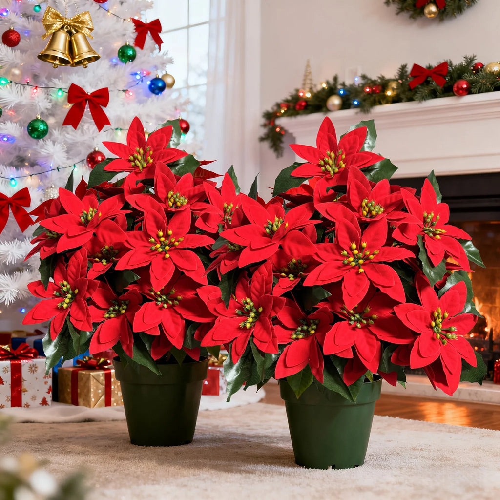 2pcs of 24 Flowers - Holiday Artificial Plants Norfolk Faux Flowers - Lifelike Pine Tree Wreath, Beautiful Poinsettia, Suitable for Outdoor Use - Christmas Wreath, Vase Fillers, Home Decor - Durable Plastic, Easy Assembly House Of Avana