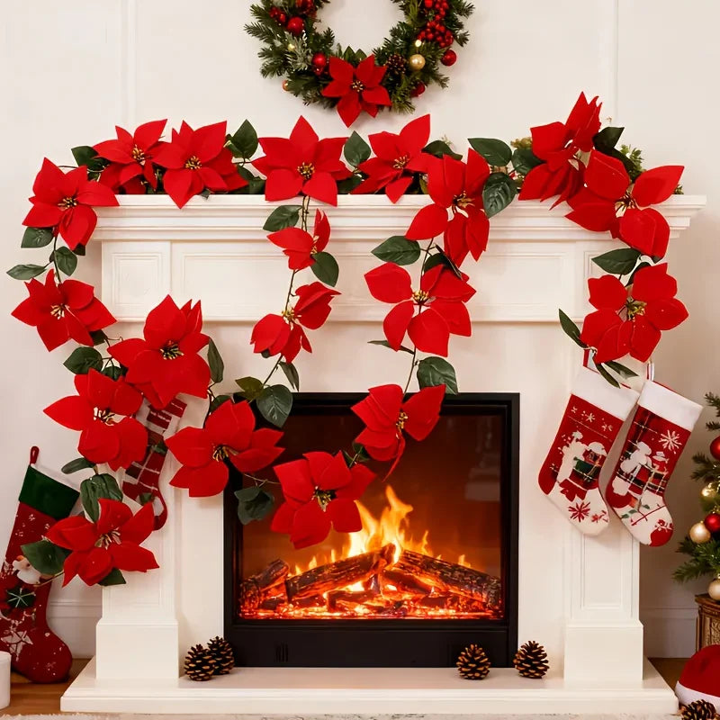 Large Artificial Outdoor Poinsettia Wreath with Realistic Red Flowers and Green Leaves - Durable Plastic Christmas Wreath Vine, Suitable for Indoor/Staircase, Mantel, Wall - Year-Round Holiday Decor, No Maintenance Required, House Of Avana
