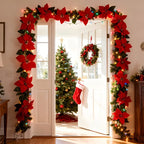 Large Artificial Outdoor Poinsettia Wreath with Realistic Red Flowers and Green Leaves - Durable Plastic Christmas Wreath Vine, Suitable for Indoor/Staircase, Mantel, Wall - Year-Round Holiday Decor, No Maintenance Required, House Of Avana