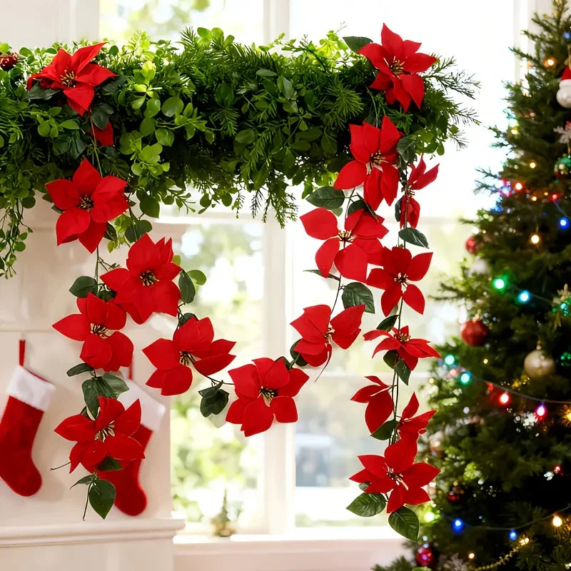 Large Artificial Outdoor Poinsettia Wreath with Realistic Red Flowers and Green Leaves - Durable Plastic Christmas Wreath Vine, Suitable for Indoor/Staircase, Mantel, Wall - Year-Round Holiday Decor, No Maintenance Required, House Of Avana