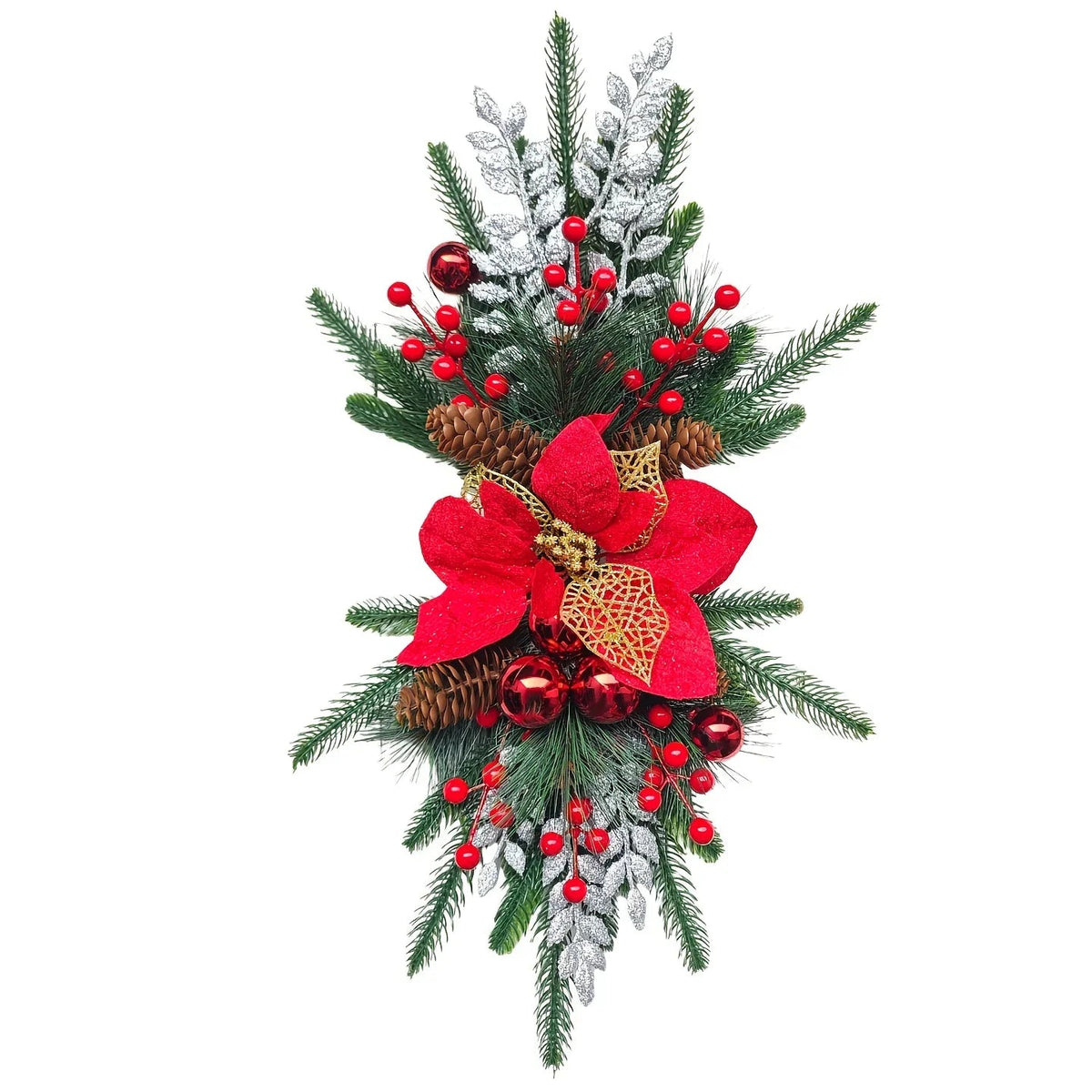 1-Pack 24-Inch Large Red & Christmas Garland with Poinsettias, Pine Cones, Berries & Bow - Stair Railing, Door, Wall Holiday Decorations - Plastic Faux Greenery Wreath for Xmas Tree-like Hanging (No Maintenance House Of Avana [[SKU:HOA-FLR-051]]