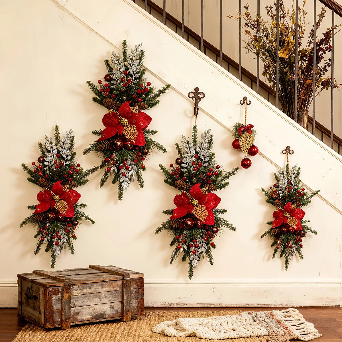1-Pack 24-Inch Large Red & Christmas Garland with Poinsettias, Pine Cones, Berries & Bow - Stair Railing, Door, Wall Holiday Decorations - Plastic Faux Greenery Wreath for Xmas Tree-like Hanging (No Maintenance House Of Avana [[SKU:HOA-FLR-051]]
