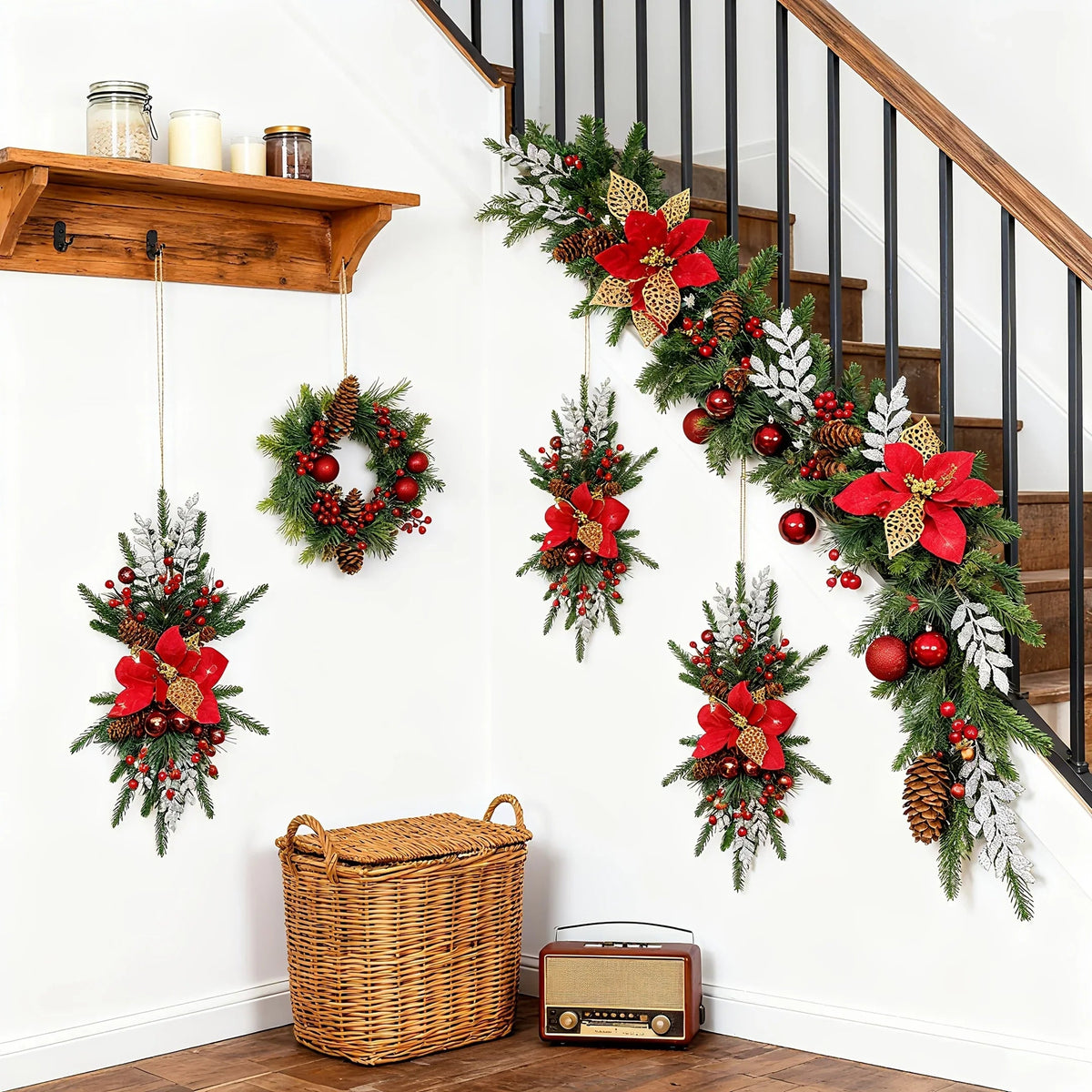 1-Pack 24-Inch Large Red & Christmas Garland with Poinsettias, Pine Cones, Berries & Bow - Stair Railing, Door, Wall Holiday Decorations - Plastic Faux Greenery Wreath for Xmas Tree-like Hanging (No Maintenance House Of Avana [[SKU:HOA-FLR-051]]