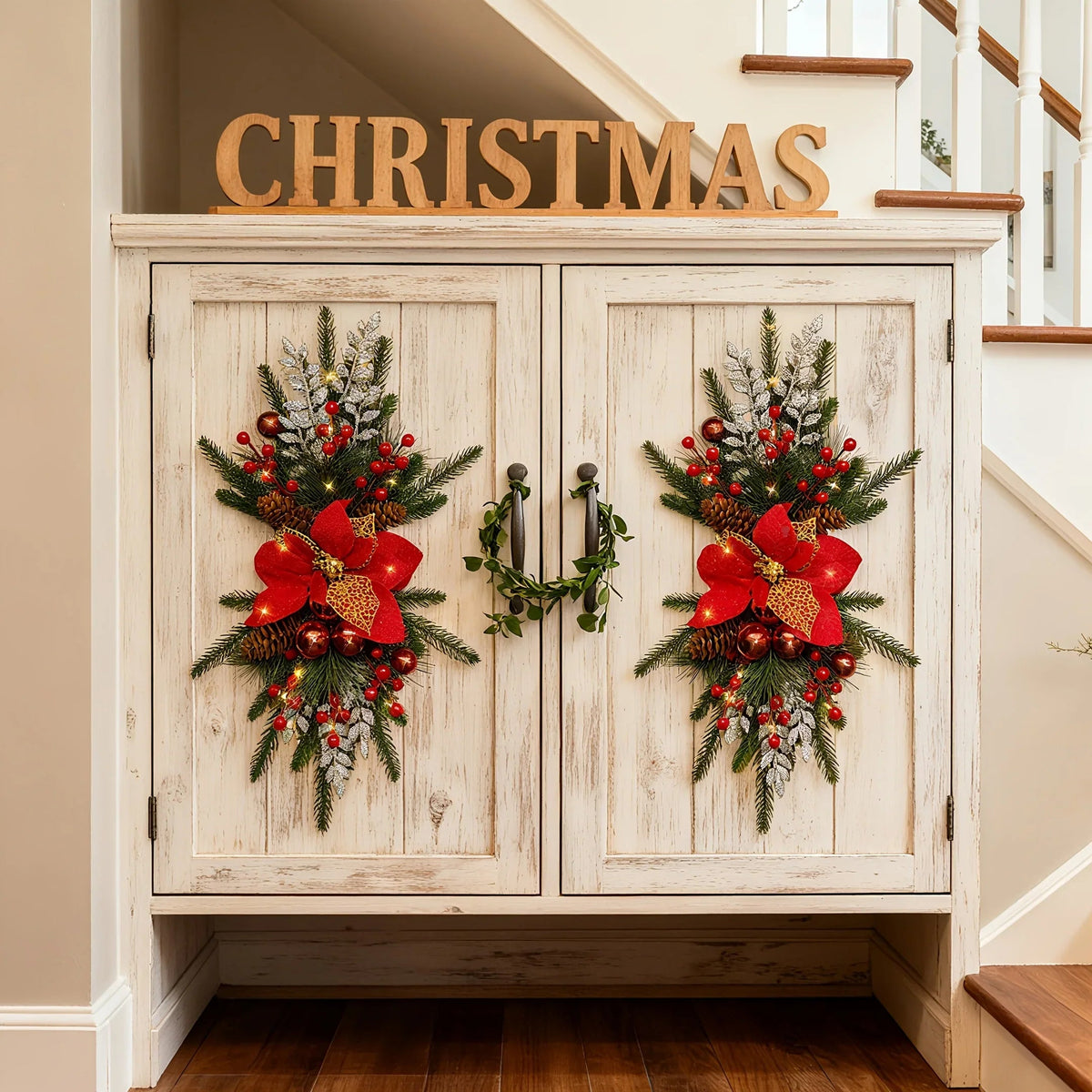 1-Pack 24-Inch Large Red & Christmas Garland with Poinsettias, Pine Cones, Berries & Bow - Stair Railing, Door, Wall Holiday Decorations - Plastic Faux Greenery Wreath for Xmas Tree-like Hanging (No Maintenance House Of Avana [[SKU:HOA-FLR-051]]