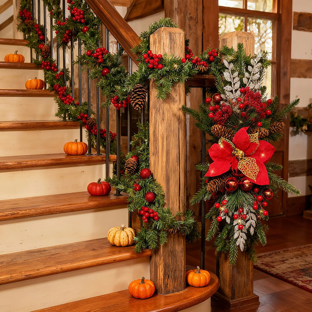 1-Pack 24-Inch Large Red & Christmas Garland with Poinsettias, Pine Cones, Berries & Bow - Stair Railing, Door, Wall Holiday Decorations - Plastic Faux Greenery Wreath for Xmas Tree-like Hanging (No Maintenance House Of Avana [[SKU:HOA-FLR-051]]