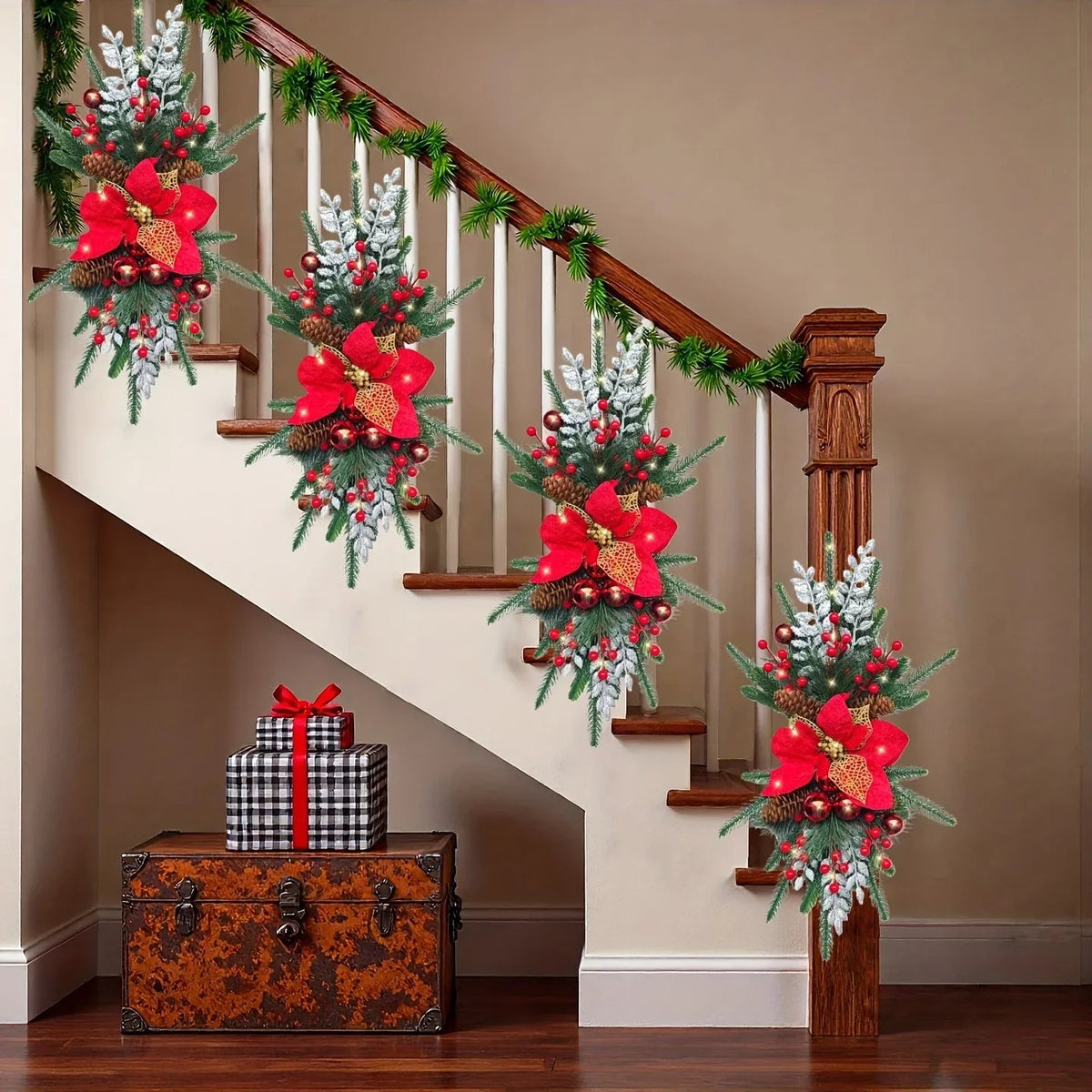 1-Pack 24-Inch Large Red & Christmas Garland with Poinsettias, Pine Cones, Berries & Bow - Stair Railing, Door, Wall Holiday Decorations - Plastic Faux Greenery Wreath for Xmas Tree-like Hanging (No Maintenance House Of Avana [[SKU:HOA-FLR-051]]