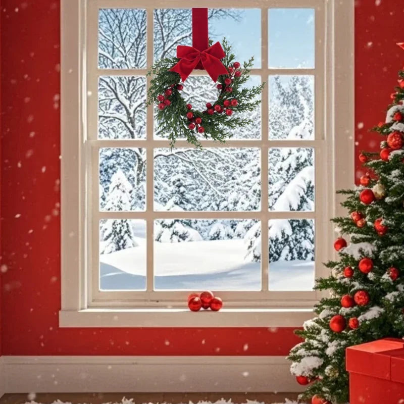 25.4 cm Artificial Faux Norfolk Pine Christmas Wreath with Red Berries, Burgundy Bow & Snow-Like Foliage - Pre-Decorated All-Weather /Outdoor Xmas Door Hanging Decoration, Easy to Install (No Maintenance) - Plastic Green Wrea House Of Avana