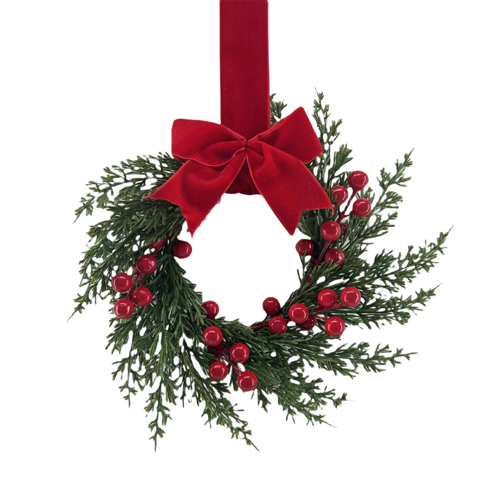 25.4 cm Artificial Faux Norfolk Pine Christmas Wreath with Red Berries, Burgundy Bow & Snow-Like Foliage - Pre-Decorated All-Weather /Outdoor Xmas Door Hanging Decoration, Easy to Install (No Maintenance) - Plastic Green Wrea House Of Avana [[SKU:HOA-FLR-034]]