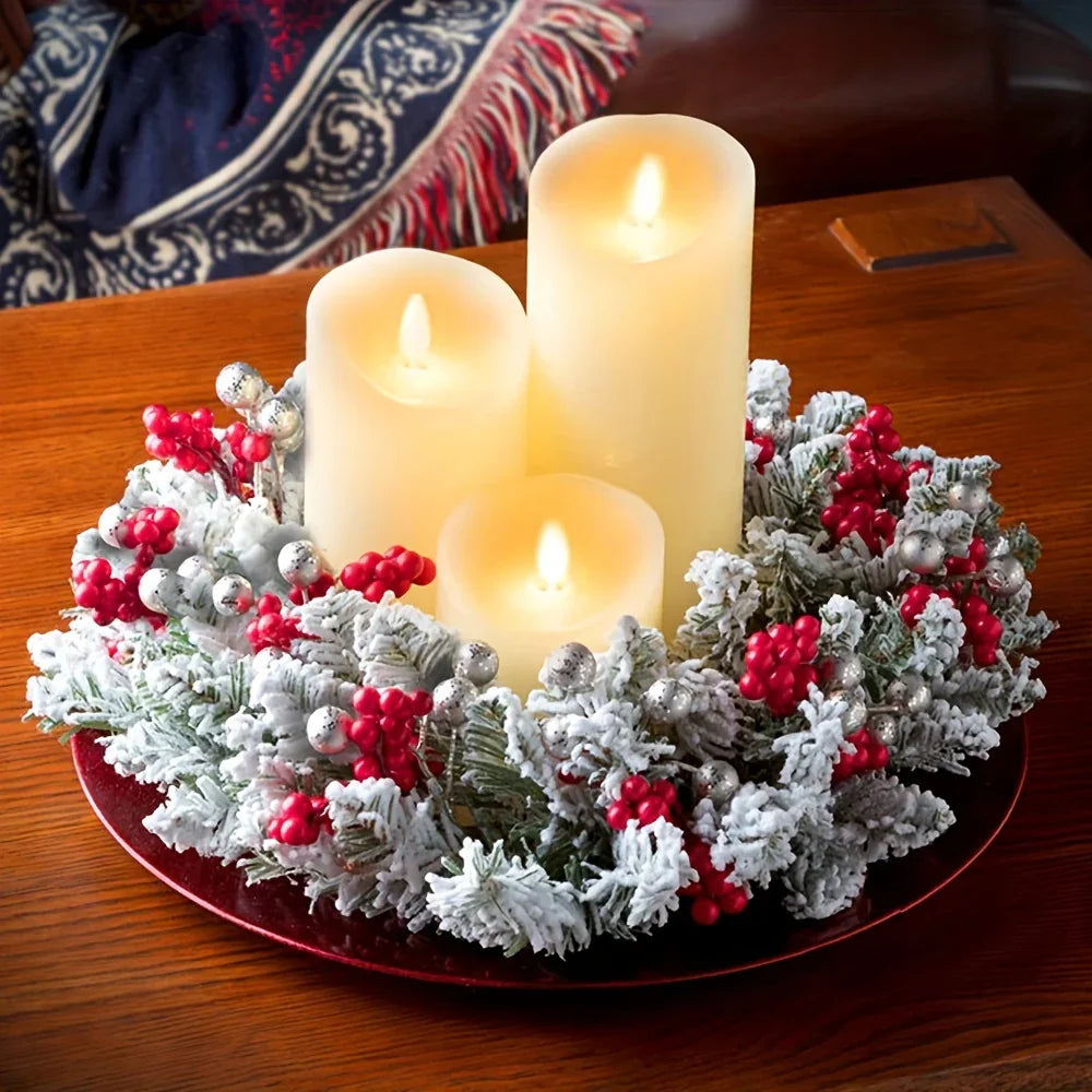 Plastic Christmas Wreath Candle Holder with Holly and Berries, angled view - House Of Avana