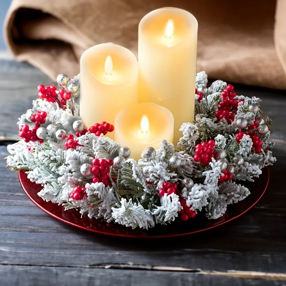 Plastic Christmas Wreath Candle Holder with Holly and Berries, front view - House Of Avana [[SKU:HOA-FLR-033]]
