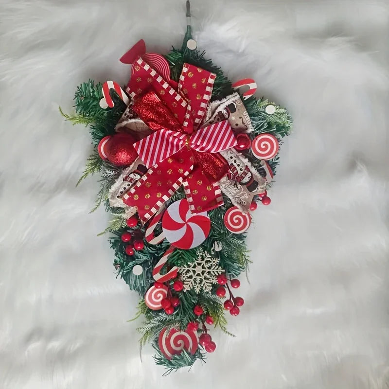 Christmas Candy & Bow Upside-Down Tree Wreath - Red & Candy Cane Design with Golden Bows, Durable Plastic Holiday Door Hanging Decor for Home, Kitchen, Staircase - No Electricity Needed, Easy to Hang, Christmas Wreaths for Fr House Of Avana [[SKU:HOA-FLR-032]]
