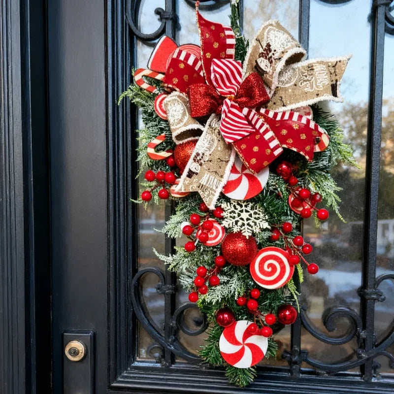 Christmas Candy & Bow Upside-Down Tree Wreath - Red & Candy Cane Design with Golden Bows, Durable Plastic Holiday Door Hanging Decor for Home, Kitchen, Staircase - No Electricity Needed, Easy to Hang, Christmas Wreaths for Fr House Of Avana [[SKU:HOA-FLR-032]]