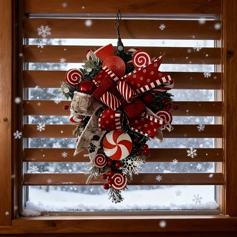 Christmas Candy & Bow Upside-Down Tree Wreath - Red & Candy Cane Design with Golden Bows, Durable Plastic Holiday Door Hanging Decor for Home, Kitchen, Staircase - No Electricity Needed, Easy to Hang, Christmas Wreaths for Fr House Of Avana [[SKU:HOA-FLR-032]]