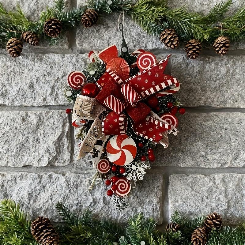 Christmas Candy & Bow Upside-Down Tree Wreath - Red & Candy Cane Design with Golden Bows, Durable Plastic Holiday Door Hanging Decor for Home, Kitchen, Staircase - No Electricity Needed, Easy to Hang, Christmas Wreaths for Fr House Of Avana [[SKU:HOA-FLR-032]]
