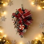 Christmas Candy & Bow Upside-Down Tree Wreath - Red & Candy Cane Design with Golden Bows, Durable Plastic Holiday Door Hanging Decor for Home, Kitchen, Staircase - No Electricity Needed, Easy to Hang, Christmas Wreaths for Fr House Of Avana [[SKU:HOA-FLR-032]]