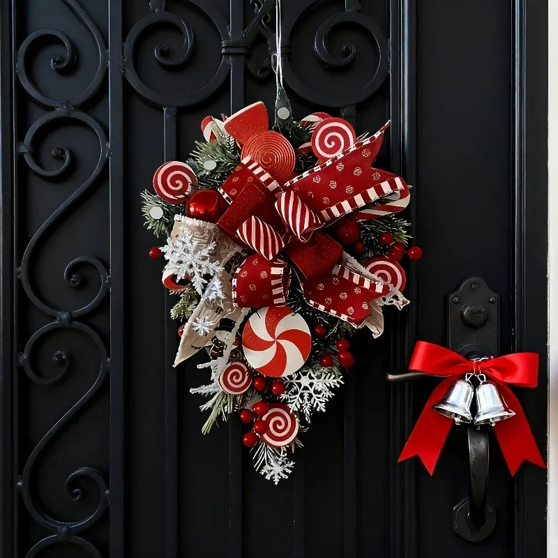Christmas Candy & Bow Upside-Down Tree Wreath - Red & Candy Cane Design with Golden Bows, Durable Plastic Holiday Door Hanging Decor for Home, Kitchen, Staircase - No Electricity Needed, Easy to Hang, Christmas Wreaths for Fr House Of Avana [[SKU:HOA-FLR-032]]