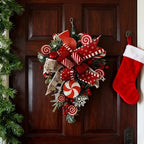 Christmas Candy & Bow Upside-Down Tree Wreath - Red & Candy Cane Design with Golden Bows, Durable Plastic Holiday Door Hanging Decor for Home, Kitchen, Staircase - No Electricity Needed, Easy to Hang, Christmas Wreaths for Fr House Of Avana [[SKU:HOA-FLR-032]]