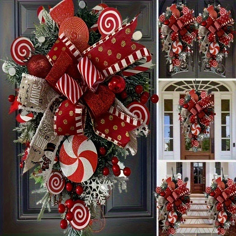 Christmas Candy & Bow Upside-Down Tree Wreath - Red & Candy Cane Design with Golden Bows, Durable Plastic Holiday Door Hanging Decor for Home, Kitchen, Staircase - No Electricity Needed, Easy to Hang, Christmas Wreaths for Fr House Of Avana [[SKU:HOA-FLR-032]]