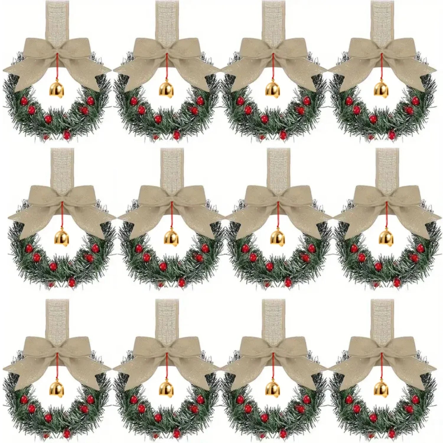 12pcs Christmas Bow Wreath with Bells - Red Berry & Green Foliage Wreath with Red Ribbon Bow, No Electricity Needed, Durable Plastic Christmas Wreath for Indoor/Outdoor, Window & Door Decor, Holiday Home Decoration, Seasonal House Of Avana