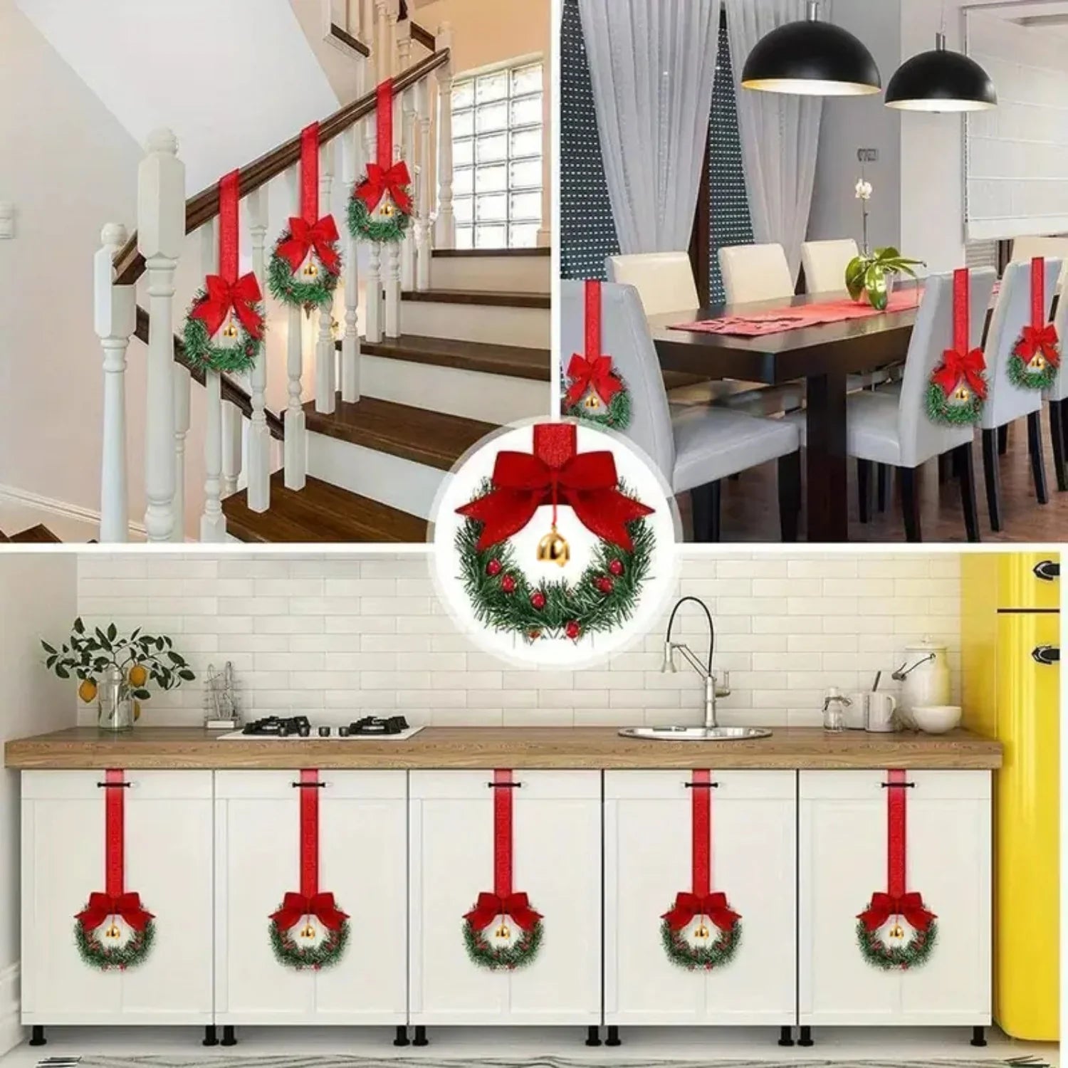 12pcs Christmas Bow Wreath with Bells - Red Berry & Green Foliage Wreath with Red Ribbon Bow, No Electricity Needed, Durable Plastic Christmas Wreath for Indoor/Outdoor, Window & Door Decor, Holiday Home Decoration, Seasonal House Of Avana