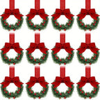 12pcs Mini Christmas Wreaths with Red Bow & Berries - Artificial Cedar-Like Greenery Garland with White Ribbon Hangers, Pre-Made Small Xmas Door/Cabinet/Chair Decorations, Plastic Mini Wreath Ornaments for Holiday Décor (No House Of Avana