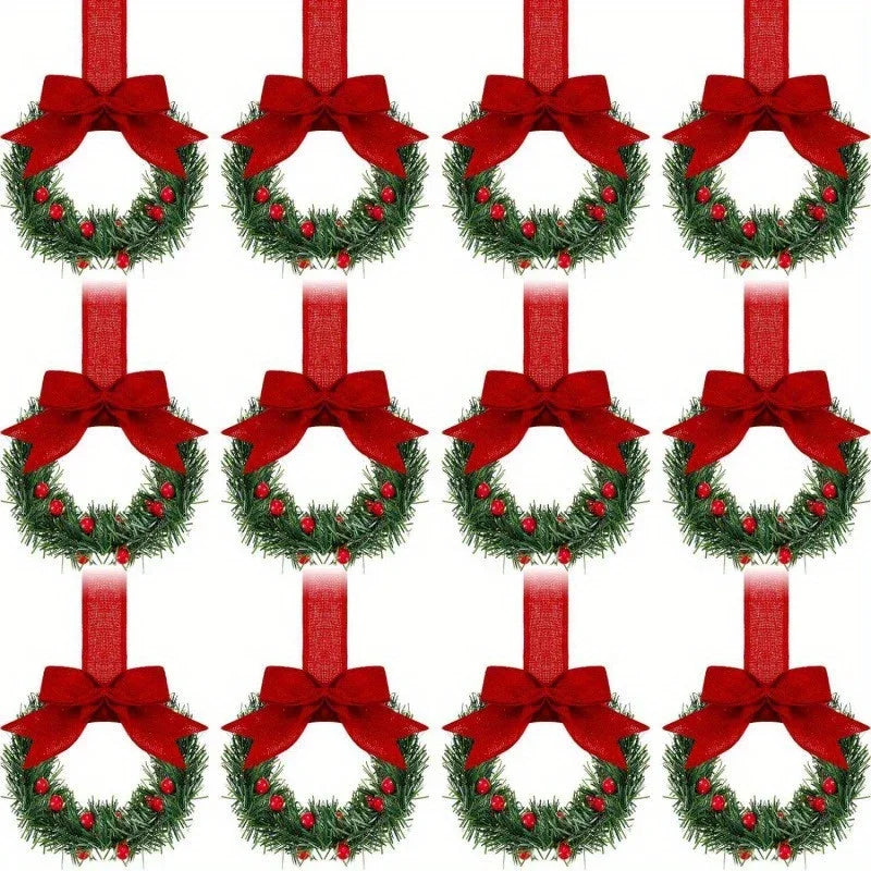 12pcs Mini Christmas Wreaths with Red Bow & Berries - Artificial Cedar-Like Greenery Garland with White Ribbon Hangers, Pre-Made Small Xmas Door/Cabinet/Chair Decorations, Plastic Mini Wreath Ornaments for Holiday Décor (No House Of Avana