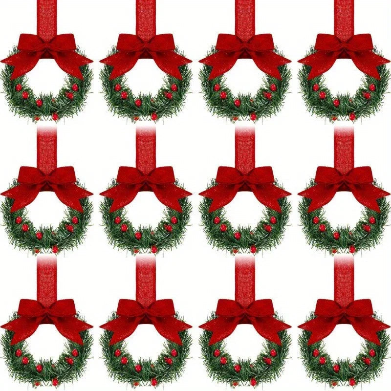12pcs Mini Christmas Wreaths with Red Bow & Berries - Artificial Cedar-Like Greenery Garland with White Ribbon Hangers, Pre-Made Small Xmas Door/Cabinet/Chair Decorations, Plastic Mini Wreath Ornaments for Holiday Décor (No House Of Avana [[SKU:HOA-FLR-043]]