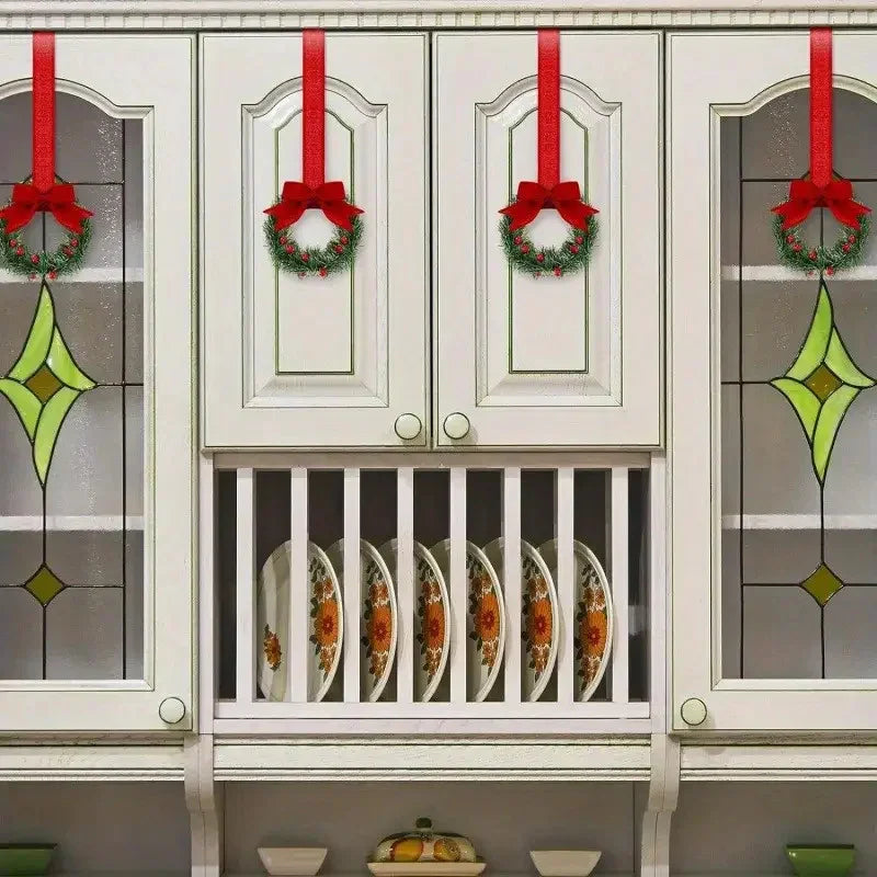 12pcs Mini Christmas Wreaths with Red Bow & Berries - Artificial Cedar-Like Greenery Garland with White Ribbon Hangers, Pre-Made Small Xmas Door/Cabinet/Chair Decorations, Plastic Mini Wreath Ornaments for Holiday Décor (No House Of Avana