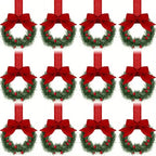 12pcs Mini Christmas Wreaths with Red Bow & Berries - Artificial Cedar-Like Greenery Garland with White Ribbon Hangers, Pre-Made Small Xmas Door/Cabinet/Chair Decorations, Plastic Mini Wreath Ornaments for Holiday Décor (No House Of Avana [[SKU:HOA-FLR-043]]