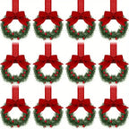 12pcs Mini Christmas Wreaths with Red Bow & Berries - Artificial Cedar-Like Greenery Garland with White Ribbon Hangers, Pre-Made Small Xmas Door/Cabinet/Chair Decorations, Plastic Mini Wreath Ornaments for Holiday Décor (No House Of Avana