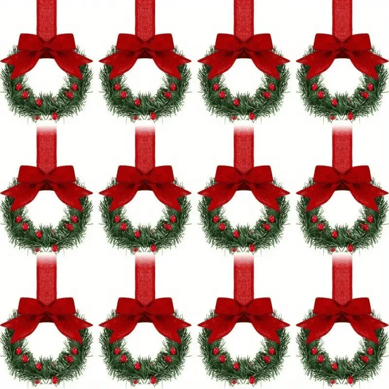 12pcs Mini Christmas Wreaths with Red Bow & Berries - Artificial Cedar-Like Greenery Garland with White Ribbon Hangers, Pre-Made Small Xmas Door/Cabinet/Chair Decorations, Plastic Mini Wreath Ornaments for Holiday Décor (No House Of Avana