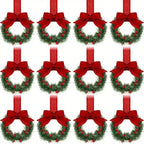 12pcs Mini Christmas Wreaths with Red Bow & Berries - Artificial Cedar-Like Greenery Garland with White Ribbon Hangers, Pre-Made Small Xmas Door/Cabinet/Chair Decorations, Plastic Mini Wreath Ornaments for Holiday Décor (No House Of Avana